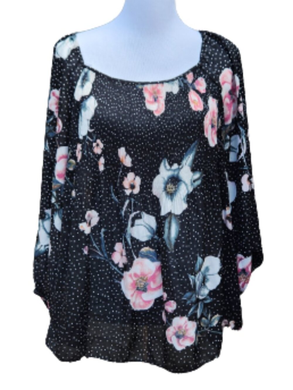 Spense Black Multicolor Floral Print Blouse Polka-Dots Sheer Relaxed Fit
